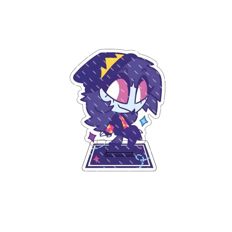 Purple-haired hazbin hotel alastor chibi figure with pink eyes and yellow lightning bolt crown on acrylic stand