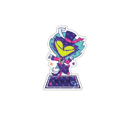 Vibrant chibi-style hazbin hotel alastor figurine with teal purple hair wearing top hat on acrylic stand