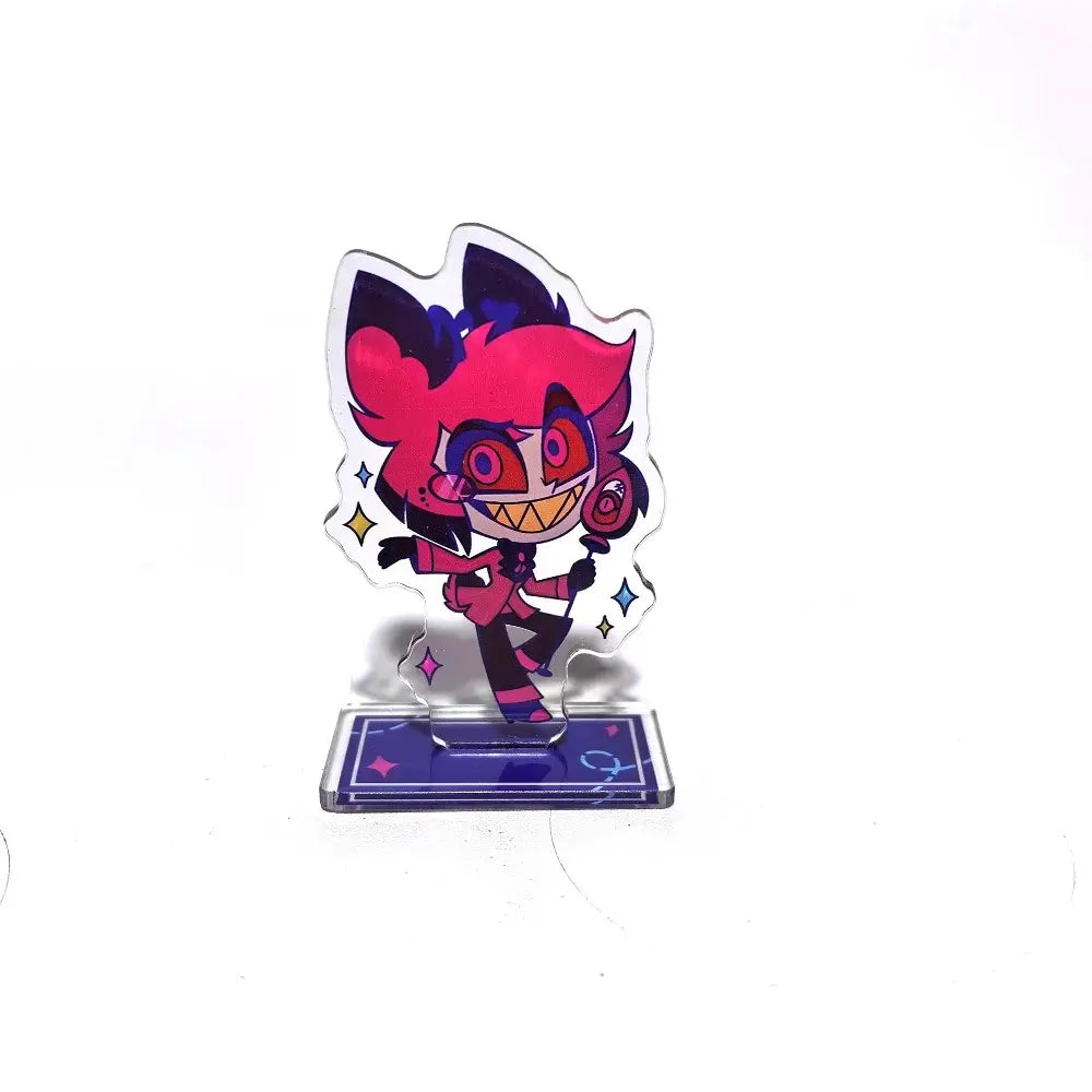 Hazbin hotel alastor vibrant pink and black cartoon figure with glowing eyes on clear acrylic stand with star accents