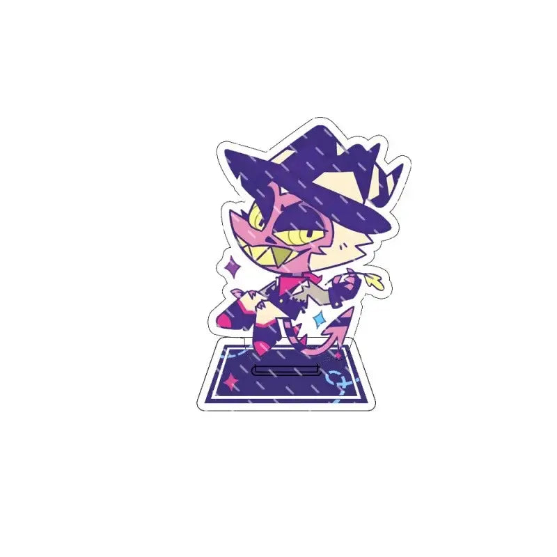 Hazbin hotel alastor acrylic stand featuring a purple and pink cartoon cat figurine with a black striped hat on a matching base