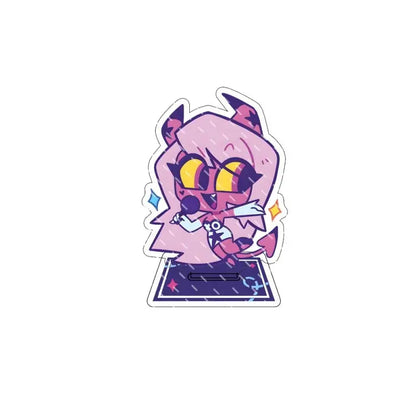Pink hazbin hotel alastor cartoon figure with yellow eyes and sunglasses holding microphone on acrylic stand product