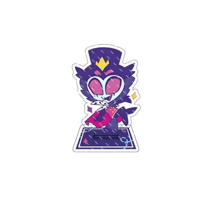 Hazbin hotel alastor acrylic stand featuring a purple and pink cartoon character with a top hat cape and heart-shaped eyes