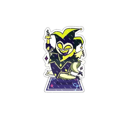 Hazbin hotel alastor acrylic stand featuring a vibrant yellow and black jester figurine holding a dollar staff on acrylic base
