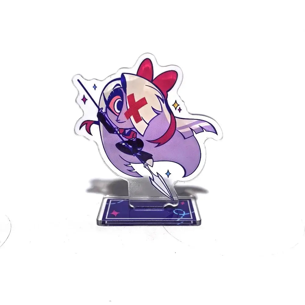 Hazbin hotel alastor acrylic stand featuring a purple and white cartoon character with red bow holding a spear
