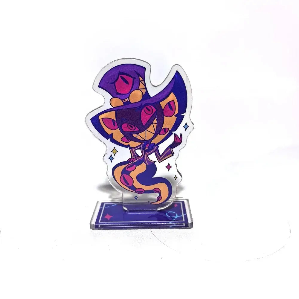 Purple and orange hazbin hotel alastor cartoon figure standing on a clear acrylic stand for display use