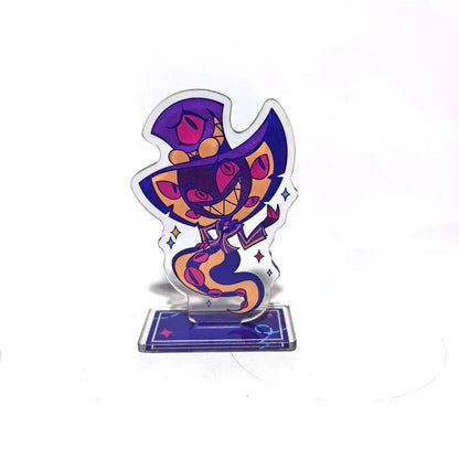 Purple and orange hazbin hotel alastor cartoon figure standing on a clear acrylic stand for display use