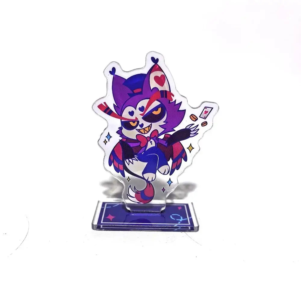 Hazbin hotel alastor acrylic stand featuring a purple and red cartoon cat figurine with heart-themed accessories on clear acrylic
