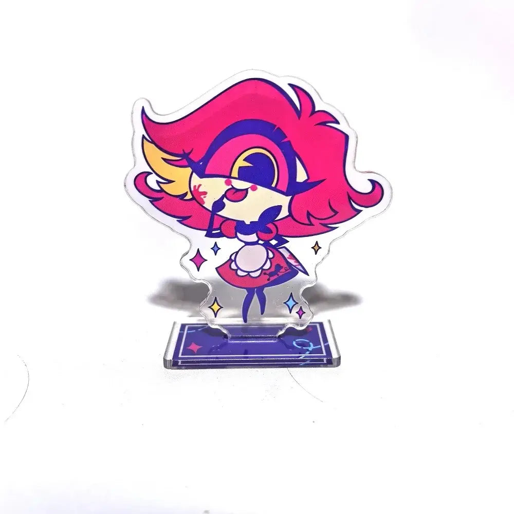 Hazbin hotel alastor acrylic stand featuring a vibrant pink and purple cartoon character in a red dress holding a wand