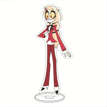 Hazbin hotel charlie morningstar acrylic stand featuring a red and white figurine with blonde hair in tuxedo outfit