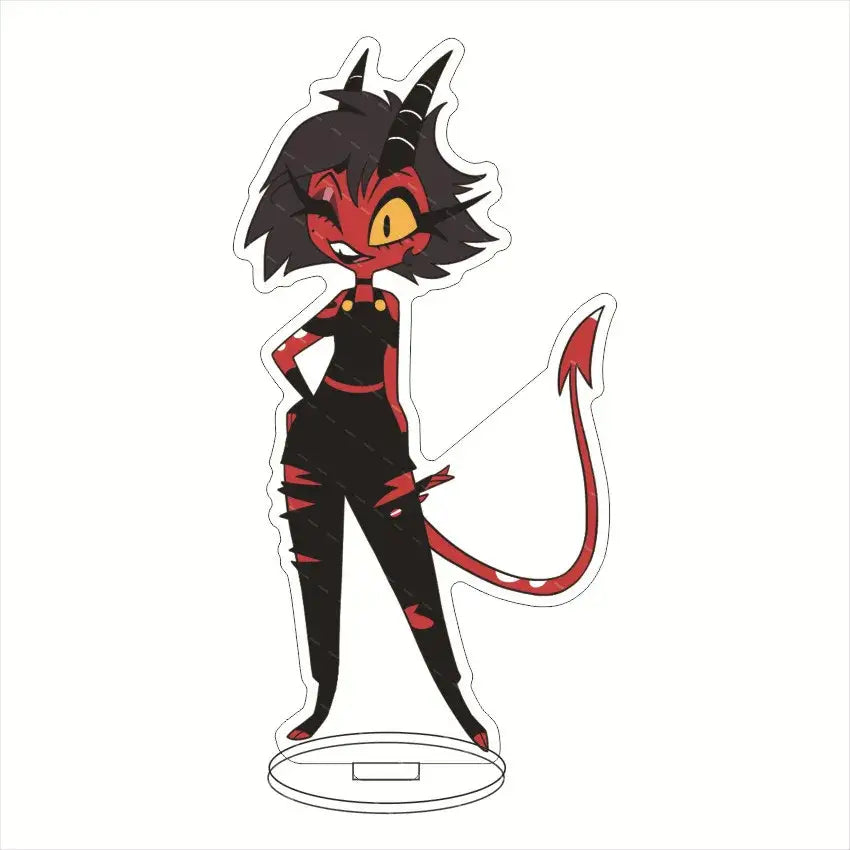 Black and red devil-themed charlie morningstar hazbin hotel durable acrylic standee with sharp horns and tail for desktop decor
