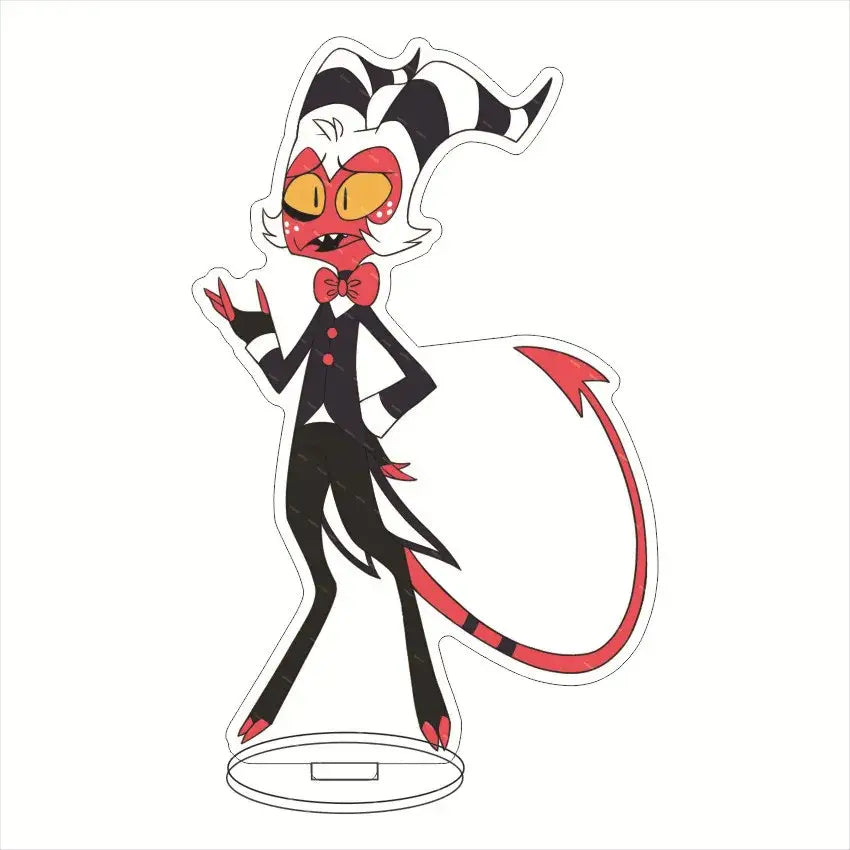 Black and white acrylic stand of hazbin hotel charlie morningstar cartoon devil with red accents and striped hat desktop decor