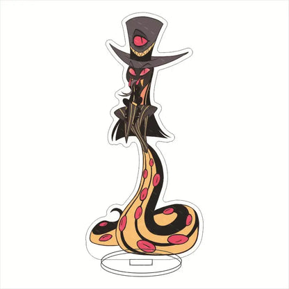 Black and yellow snake with pink spots wearing top hat and cane acrylic stand for hazbin hotel charlie morningstar desktop decor