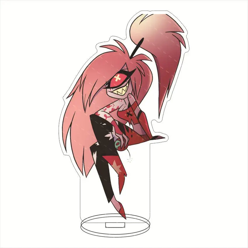 Pink-haired charlie morningstar figurine with red eye and black mask on hazbin hotel acrylic stand desktop decor