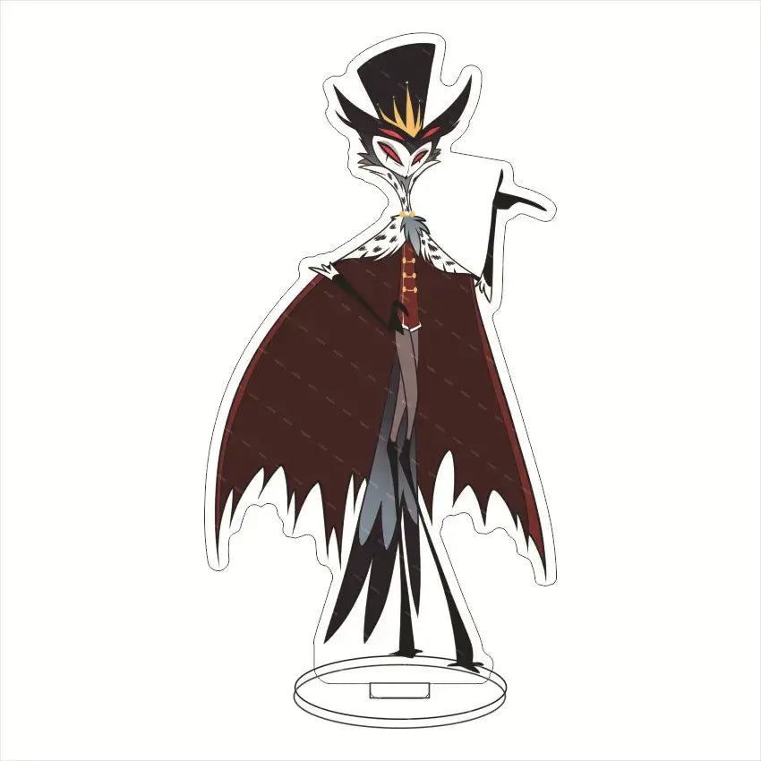 Black and white owl-like charlie morningstar figurine with red eyes and dark cape durable acrylic hazbin hotel stand