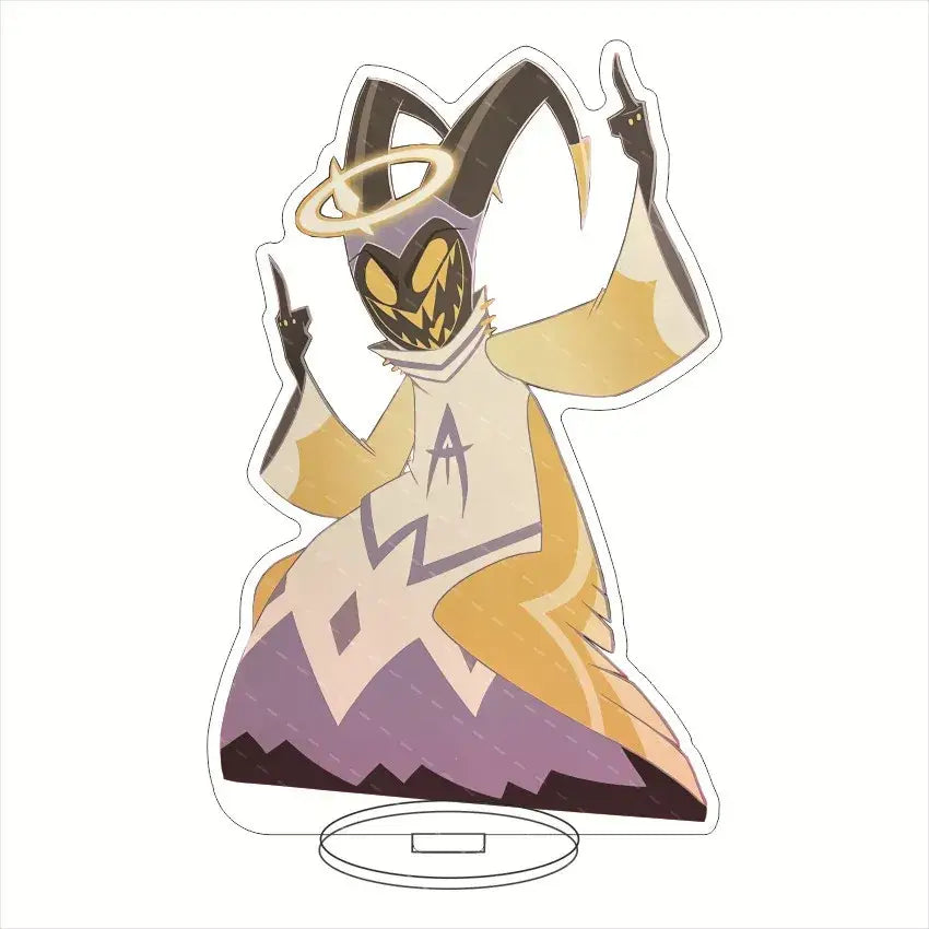 Hazbin hotel charlie morningstar acrylic stand featuring a translucent cartoon character with golden horns and robe for desktop decor