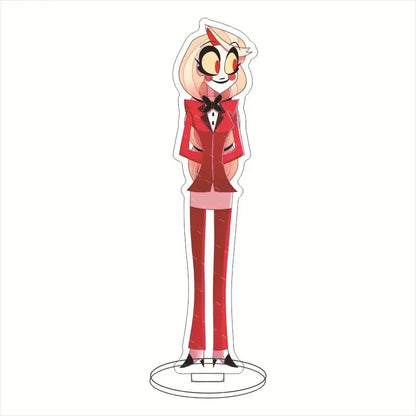 Hazbin hotel charlie morningstar acrylic stand featuring a red and black suit figure on a durable clear base for desktop decor
