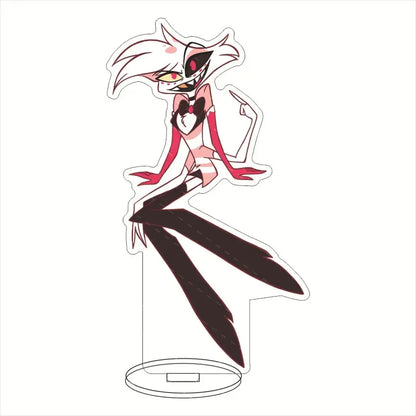 Pink and white hazbin hotel charlie morningstar acrylic stand figurine with black accents on clear desktop base