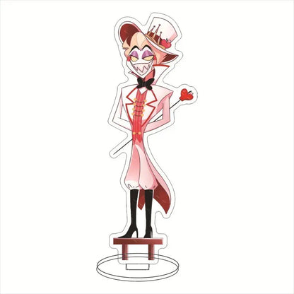Pink and red hazbin hotel charlie morningstar acrylic standee with top hat bow tie and heart wand desktop decor