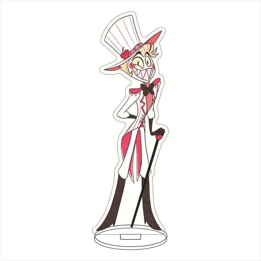 Charlie Morningstar hazbin hotel acrylic stand featuring a cartoon figurine in a striped suit with a tall white top hat