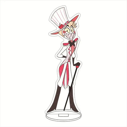 Charlie Morningstar hazbin hotel acrylic stand featuring a cartoon figurine in a striped suit with a tall white top hat