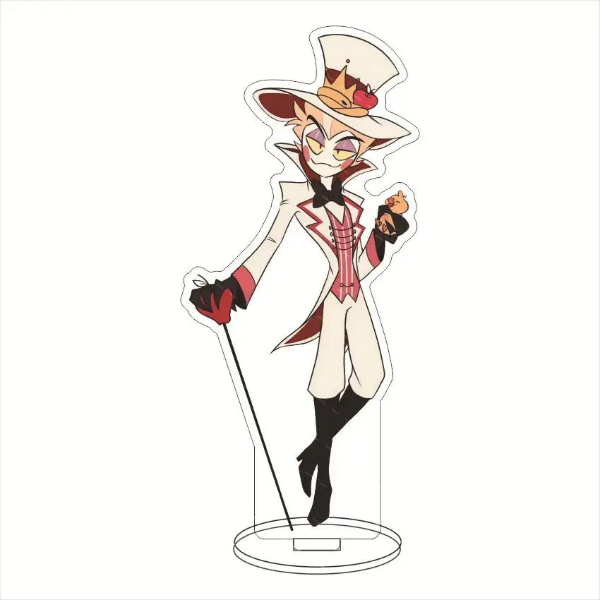 A stylish translucent acrylic stand of hazbin hotel charlie morningstar in a white top hat and cream tailcoat desktop decor