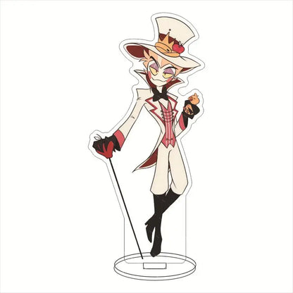 A stylish translucent acrylic stand of hazbin hotel charlie morningstar in a white top hat and cream tailcoat desktop decor