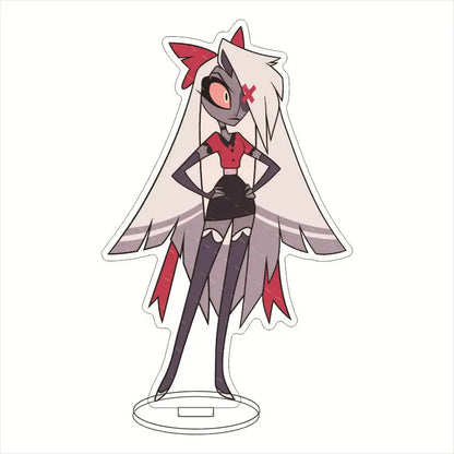 A durable acrylic hazbin hotel charlie morningstar standee with long white hair and red ribbon for desktop decor