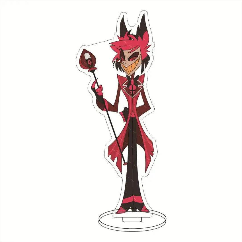 Red and black durable acrylic hazbin hotel stand featuring alastor holding a staff with red flame for desktop decor