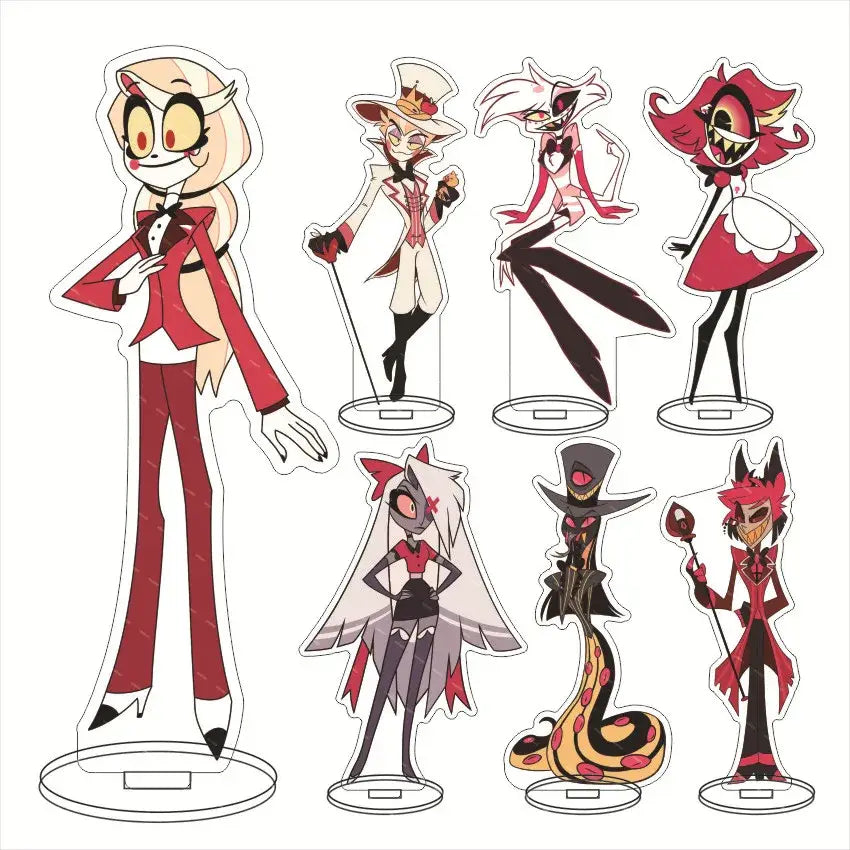 Set of seven durable acrylic hazbin hotel standees with charlie morningstar in distinct outfits and poses for desktop decor