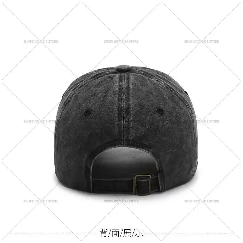 Dark gray kitty distressed dad hat made of denim with black adjustable strap and metal buckle for casual wear