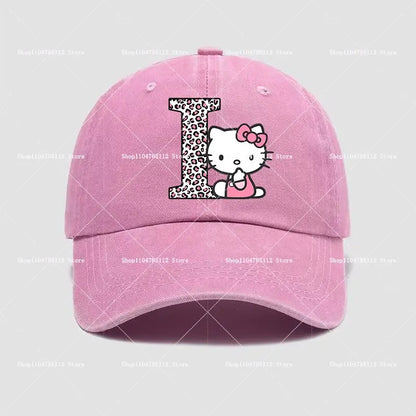 Pink cotton hello kitty distressed dad hat with leopard-print a–z letter i and kawaii embroidered design