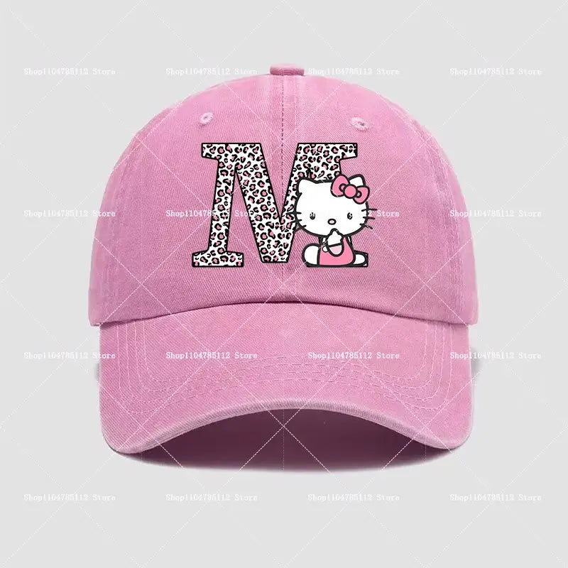 Pink cotton dad hat with leopard-print a–z letter m and kawaii hello kitty embroidery kitty distressed style