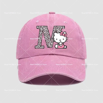Pink cotton dad hat with leopard-print a–z letter m and kawaii hello kitty embroidery kitty distressed style