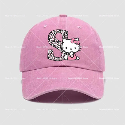 Pink cotton hello kitty distressed dad hat with leopard print a–z letter s and hello kitty embroidered design