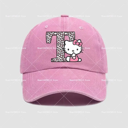Pink hello kitty distressed dad hat with leopard print number one and hello kitty peeking out kawaii embroidered design