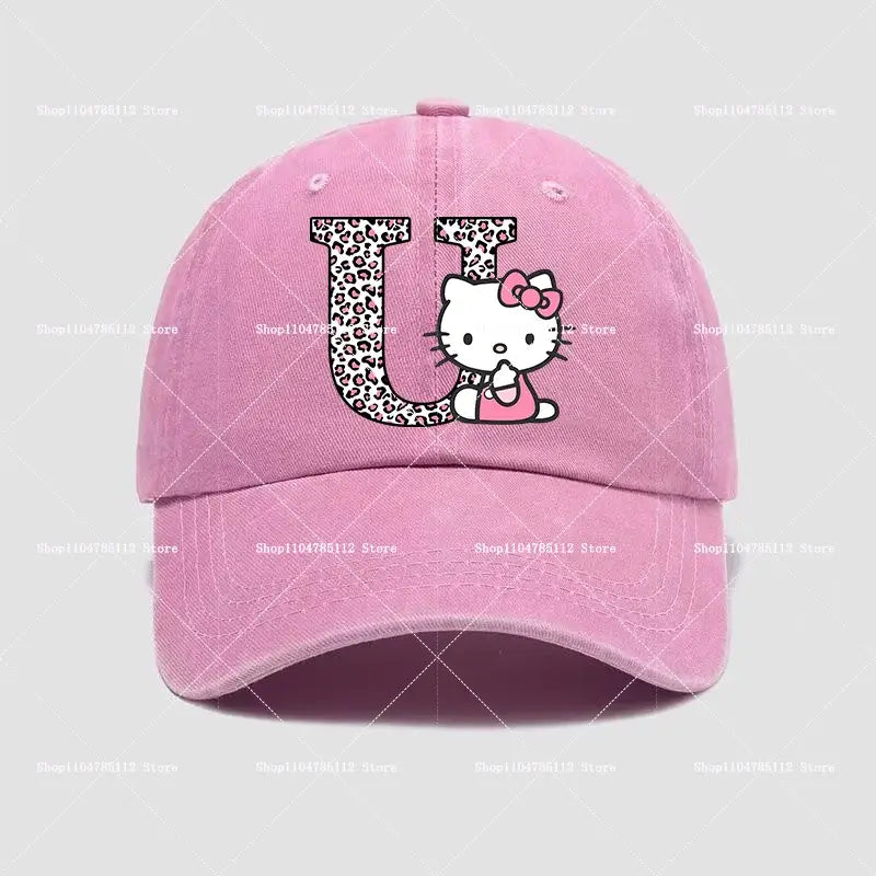 Pink cotton hello kitty distressed dad hat with leopard print a-z letter u and kawaii embroidered design
