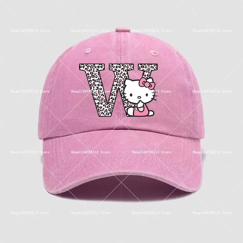 Pink cotton hello kitty distressed dad hat with leopard print a z letter w and kawaii embroidered graphic