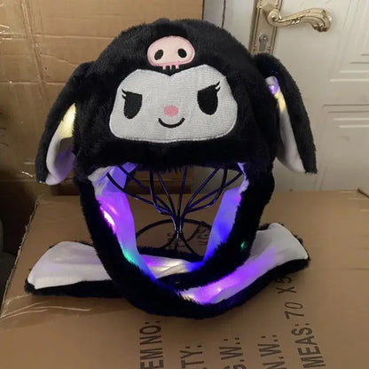 Hello Kitty plush winter hat with black and white plush, glowing purple light-up moving ears design