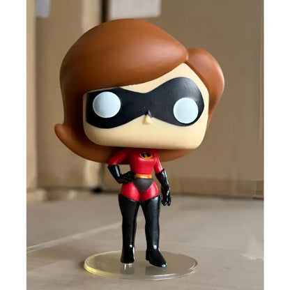 Brown-haired elastigirl funko pop figure in red and black glossy suit featured with high quality sword art online design
