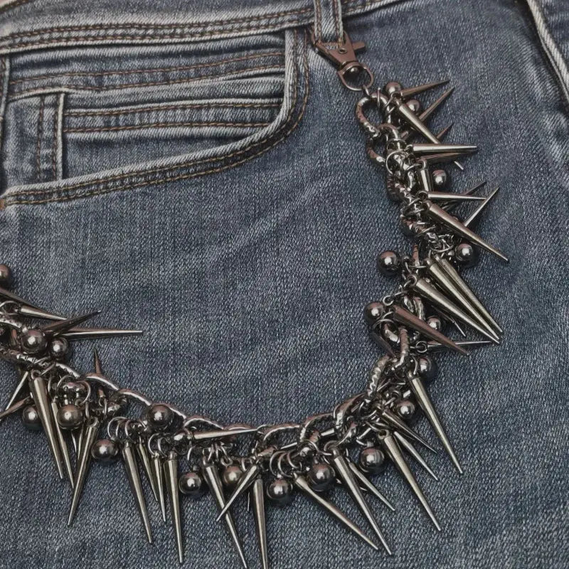 Black gun metal rivet biker pants chain with metallic spikes and spherical beads for hip-hop biker pants
