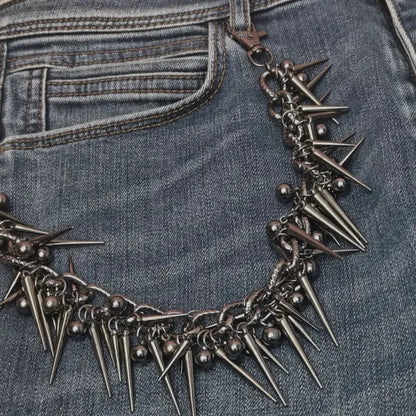 Black gun metal rivet biker pants chain with metallic spikes and spherical beads for hip-hop biker pants
