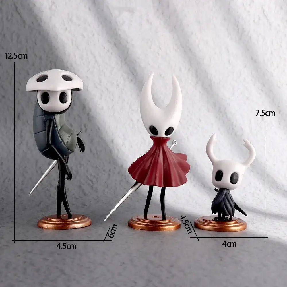 Hollow knight pvc figure set with three detailed anime figures in white helmets and distinct dark gray red and black outfits