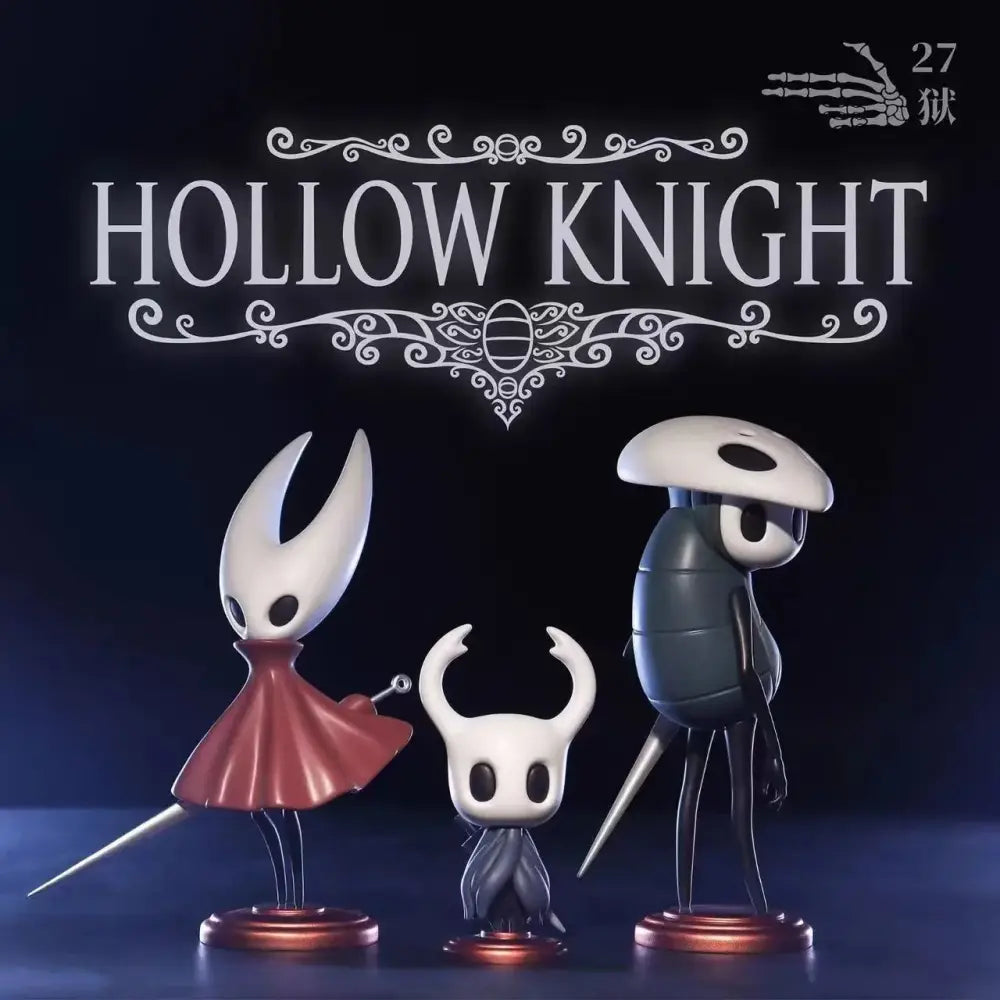 Hollow knight pvc figure set featuring three stylized anime figures with white helmets and swords for figure collection