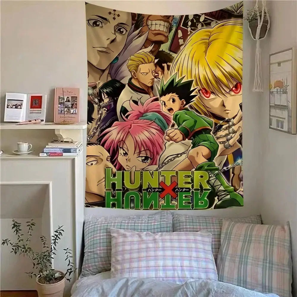 Vibrant hunter x hunter anime wall tapestry with bold character illustrations and green lettering for anime decor
