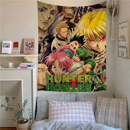 Vibrant hunter x hunter anime wall tapestry with bold character illustrations and green lettering for anime decor
