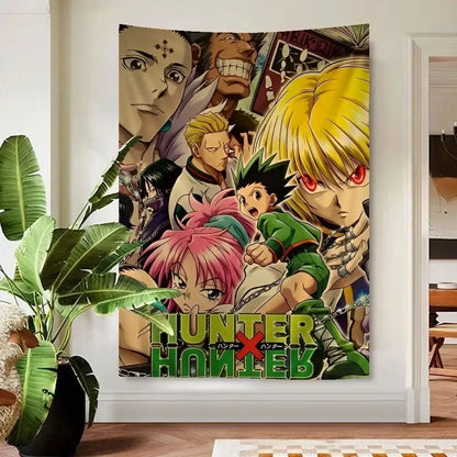 Vibrant hunter x hunter anime wall tapestry with bold character illustrations and green title banner for decor