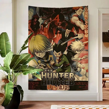 Vibrant hunter x hunter anime wall tapestry in bold red black and green colors on fabric for stylish decor