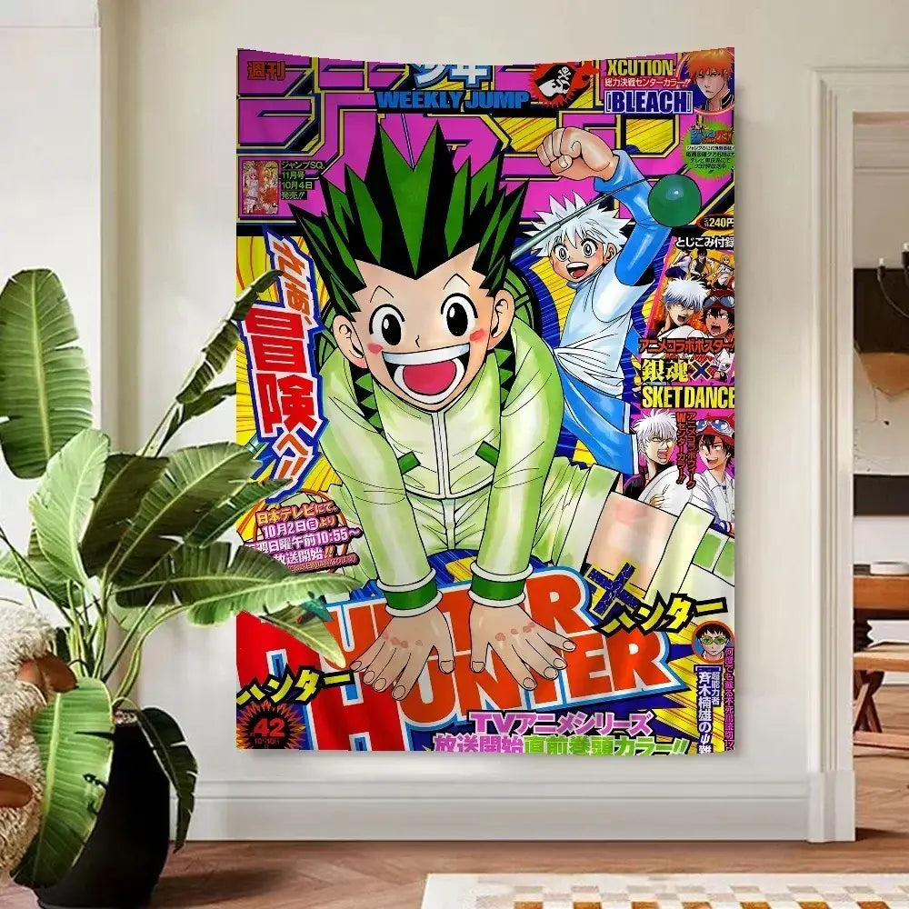 Vibrant green and blue hunter x hunter anime wall tapestry featuring gon freecss on printed fabric with bold japanese text