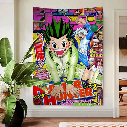 Vibrant green and blue hunter x hunter anime wall tapestry featuring gon freecss on printed fabric with bold japanese text