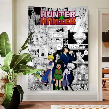 Hunter x hunter anime wall tapestry with vibrant red and black lettering and dynamic grayscale character illustrations
